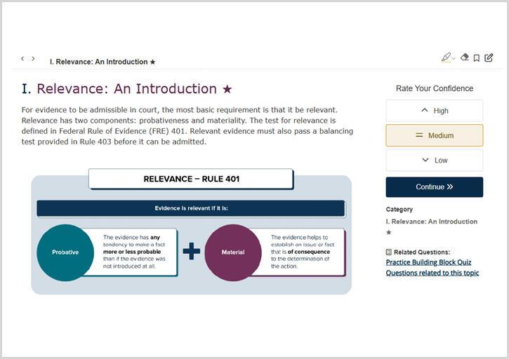 The Rate Your Confidence feature in the Helix NextGen bar review course with high, medium, and low confidence selections per each concept.