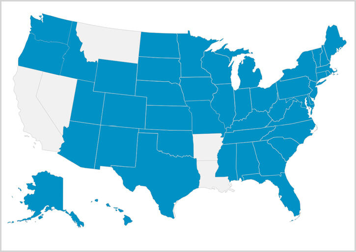 A map of the United States with the states that have adopted or will adopt the NextGen Uniform Bar Exam designated in teal blue.