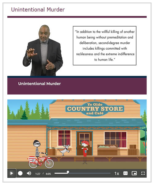 A Helix Bar Review bar prep instructor presenting a legal concept in an engaging short-form video. And An example of an animated video in the Helix NextGen bar review course with two stick figures and a dog in front of a country store.