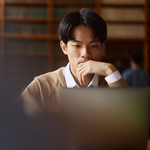 An LL.M. student sitting in a library reading on a laptop.
