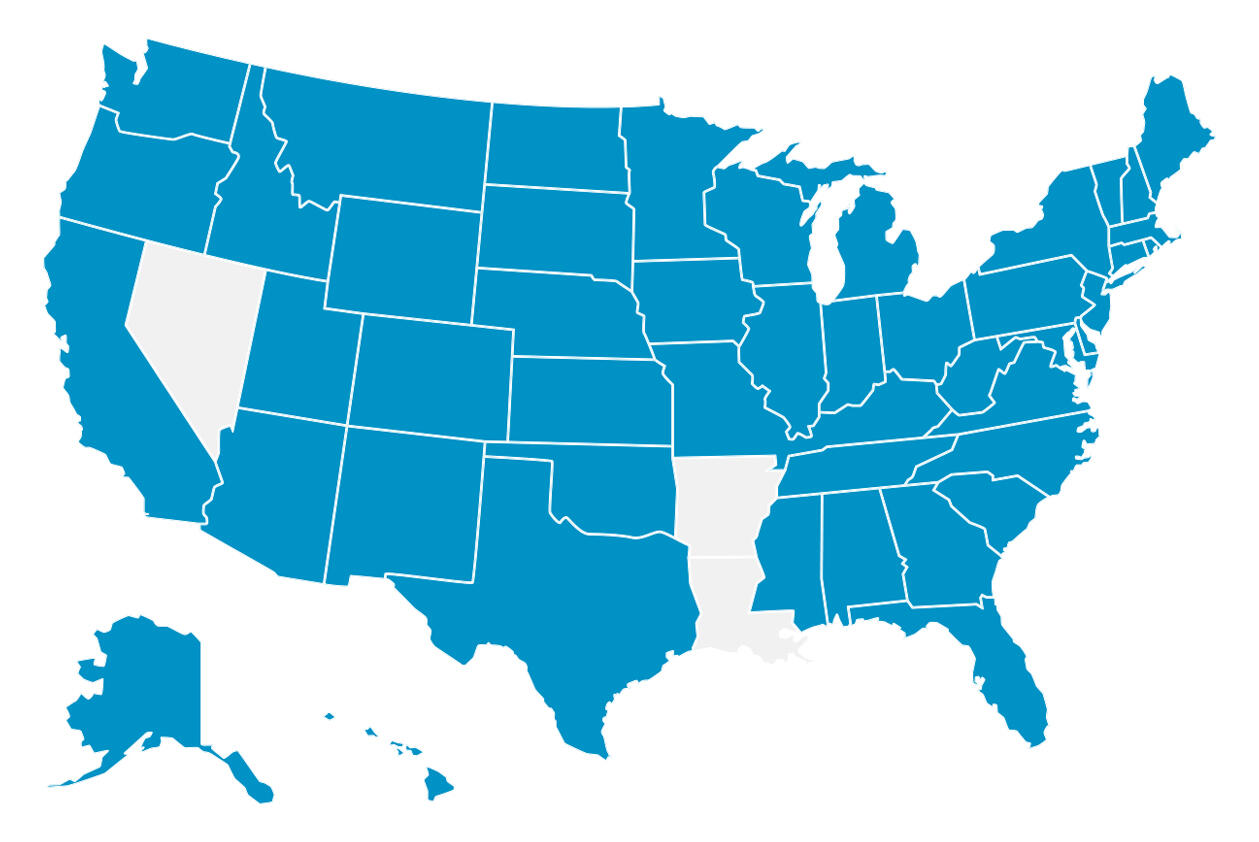 A map of the United States with the states that have adopted or will adopt the NextGen Uniform Bar Exam designated in teal blue.