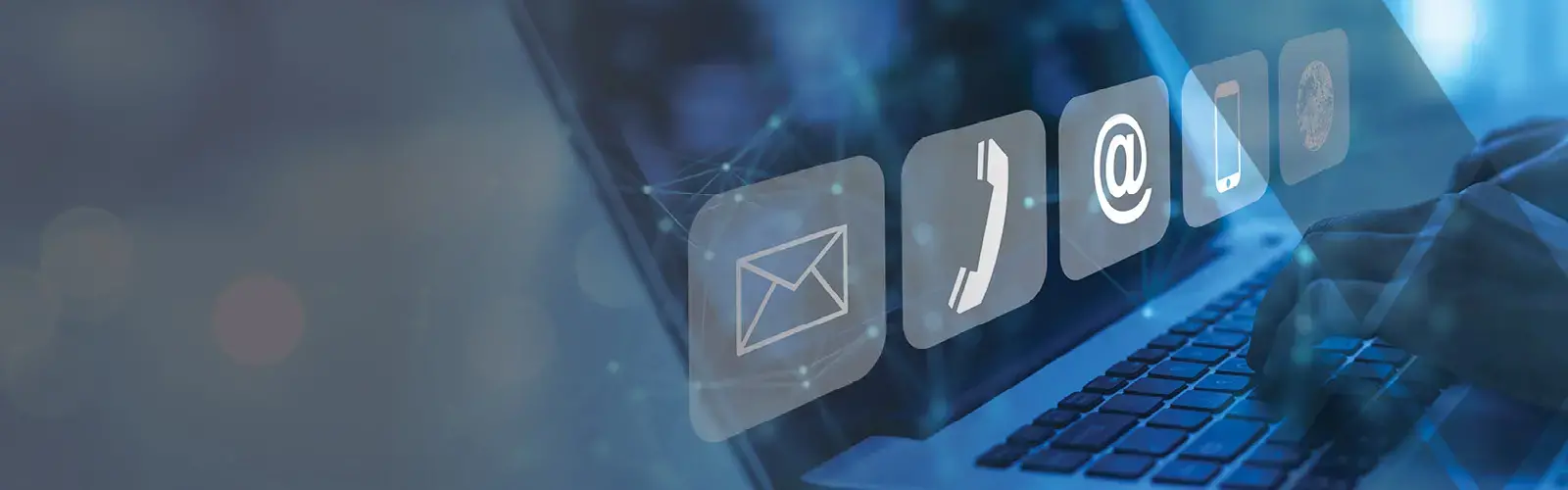 Communication related icons on a blue and black background
