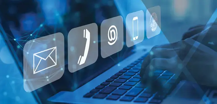 Communication related icons on a blue and black background