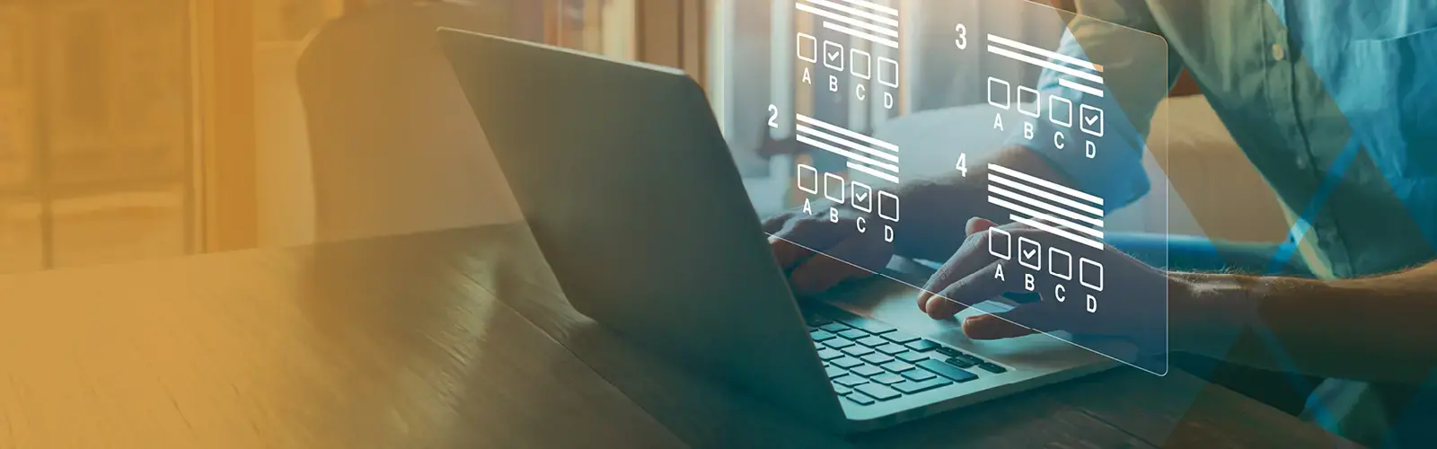 Laptop with hands typing and a pop up of a multiple-choice test 